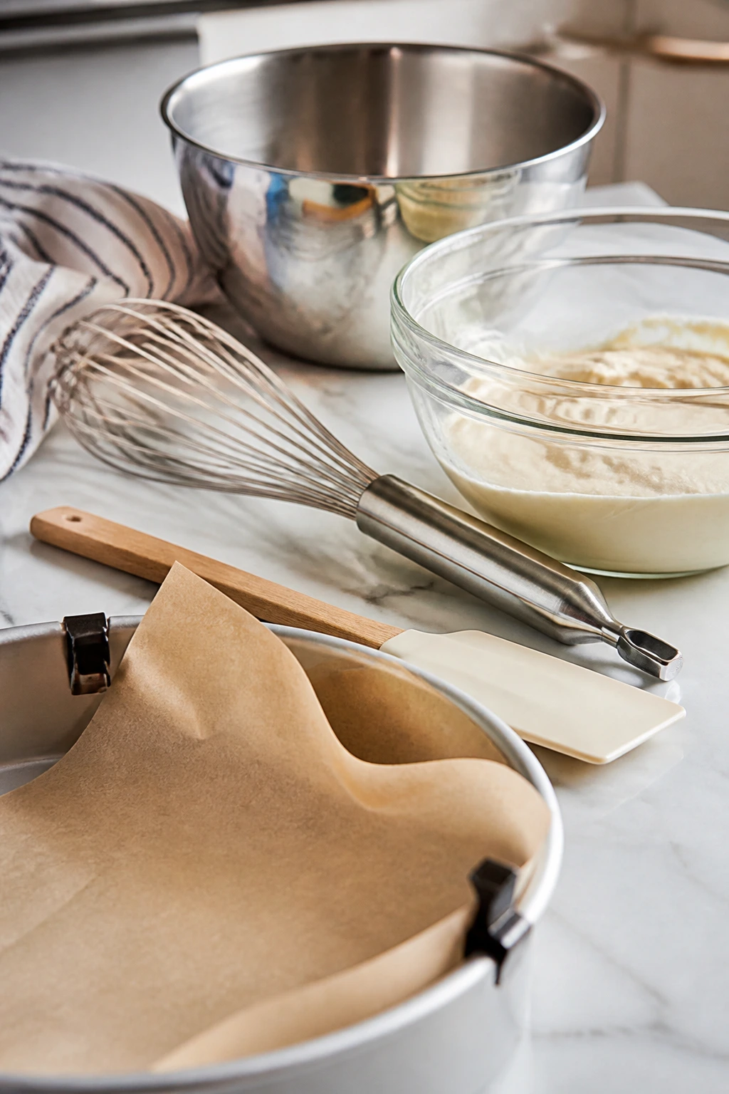 Close-up of essential baking tools arranged on a counter
