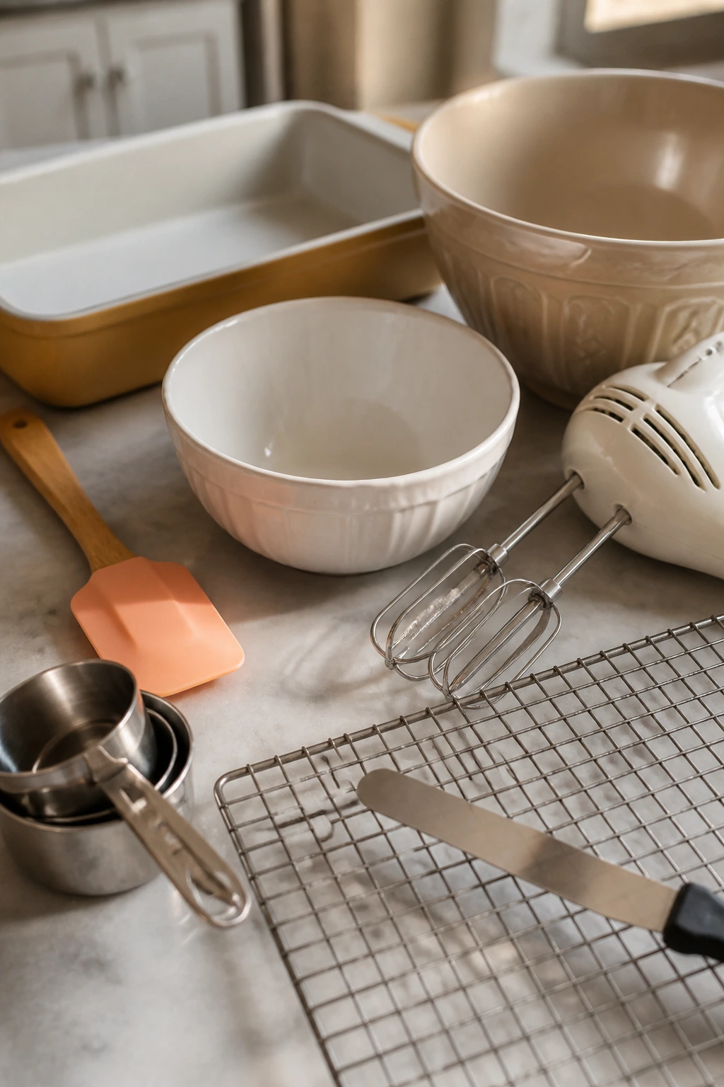 Row of baking tools arranged on counter