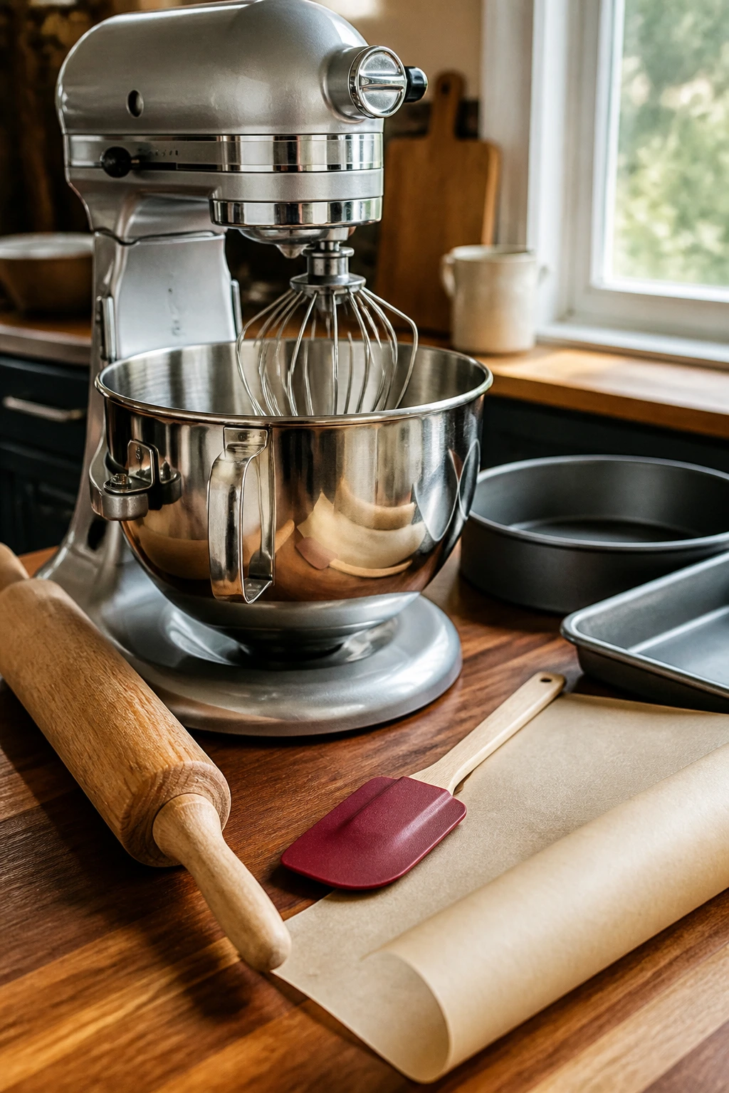 Close-up of essential baking tools on a warm wooden kitchen counter