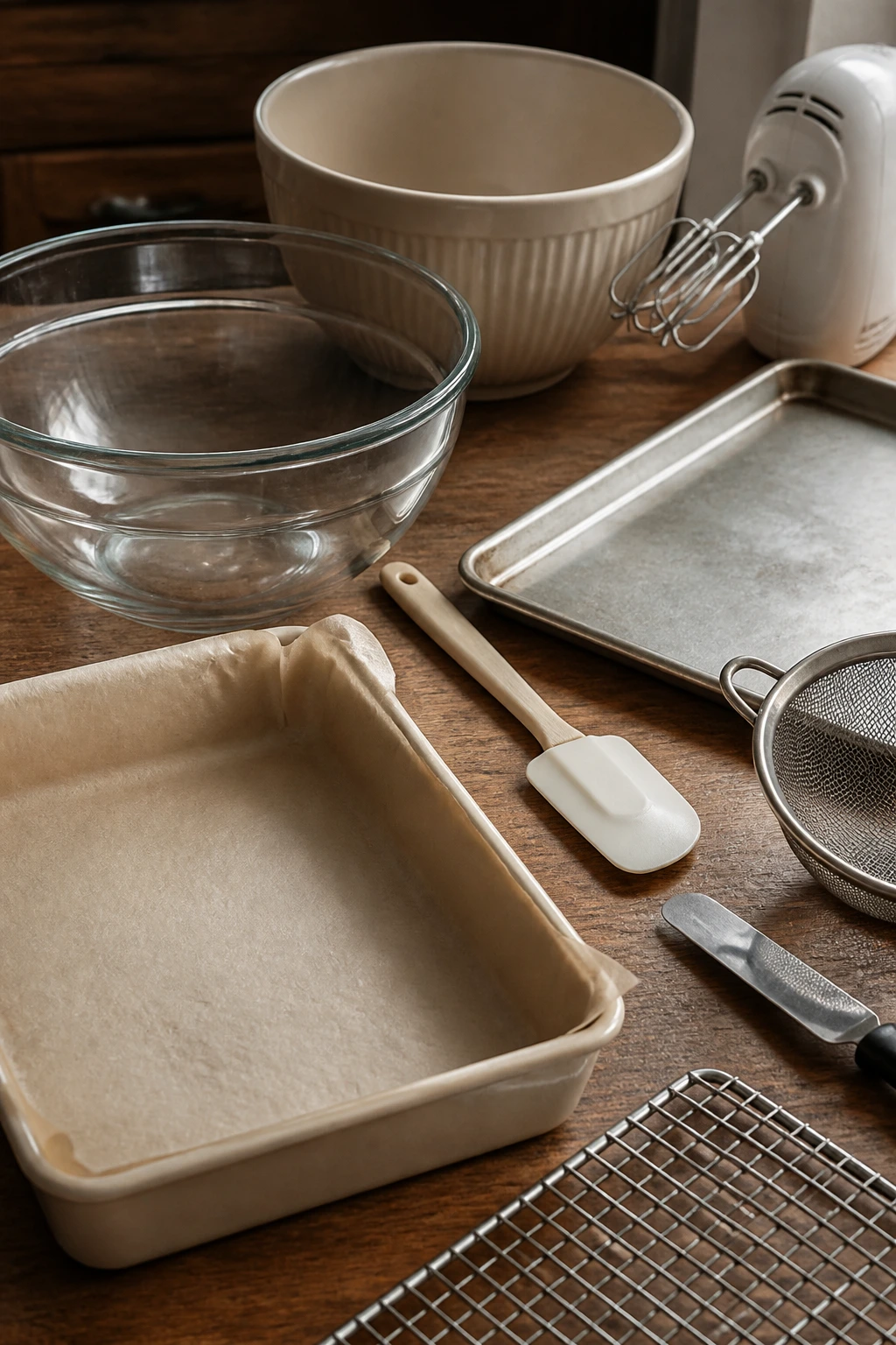 Collection of baking tools arranged for crumble in a kitchen
