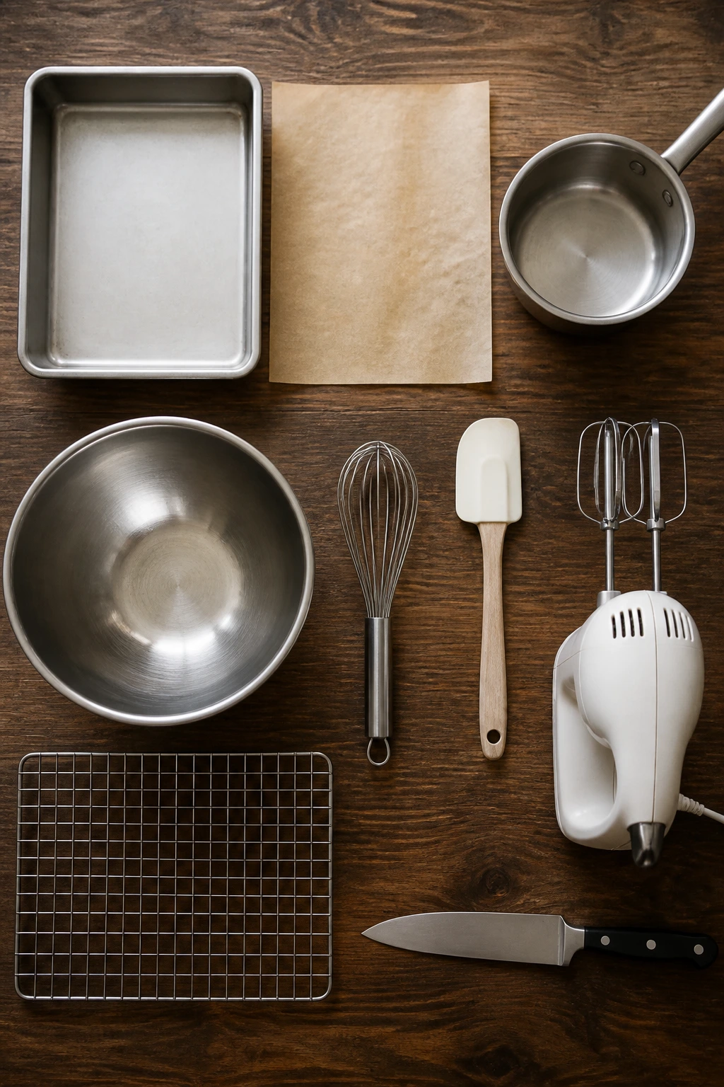 Top-down view of essential baking tools arranged on a counter