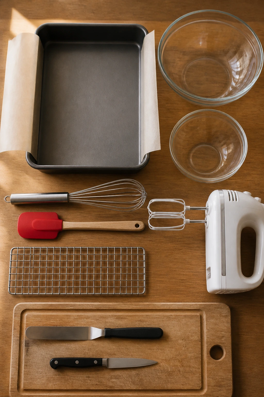 Tools for baking arranged in a line on a kitchen counter