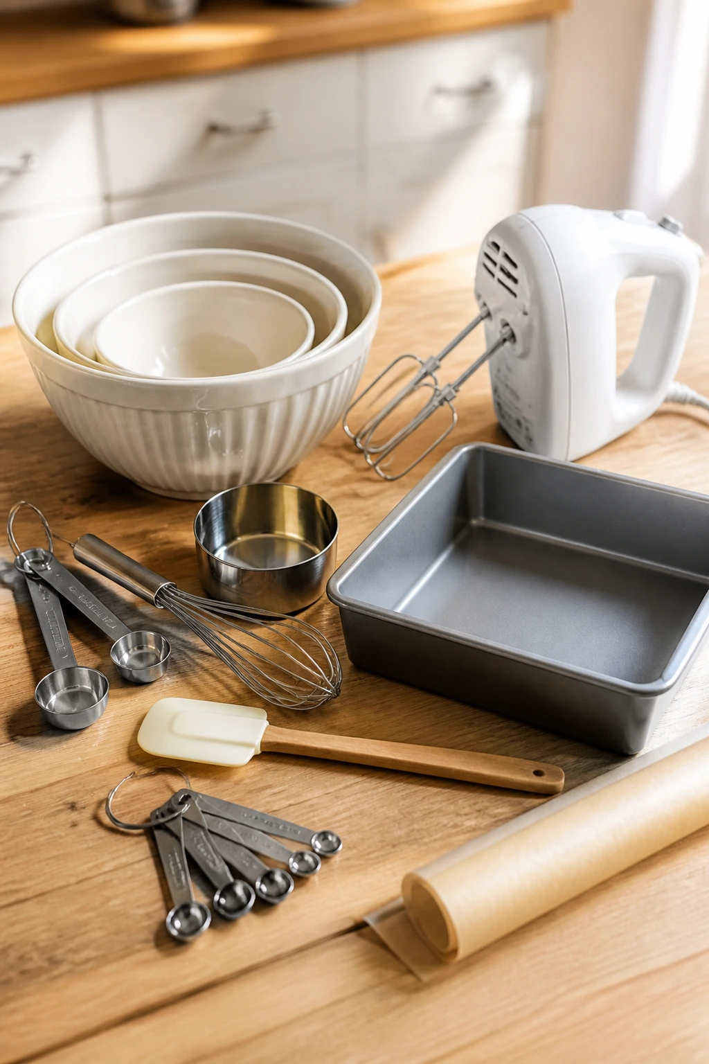 Set of essential baking tools on a wooden counter