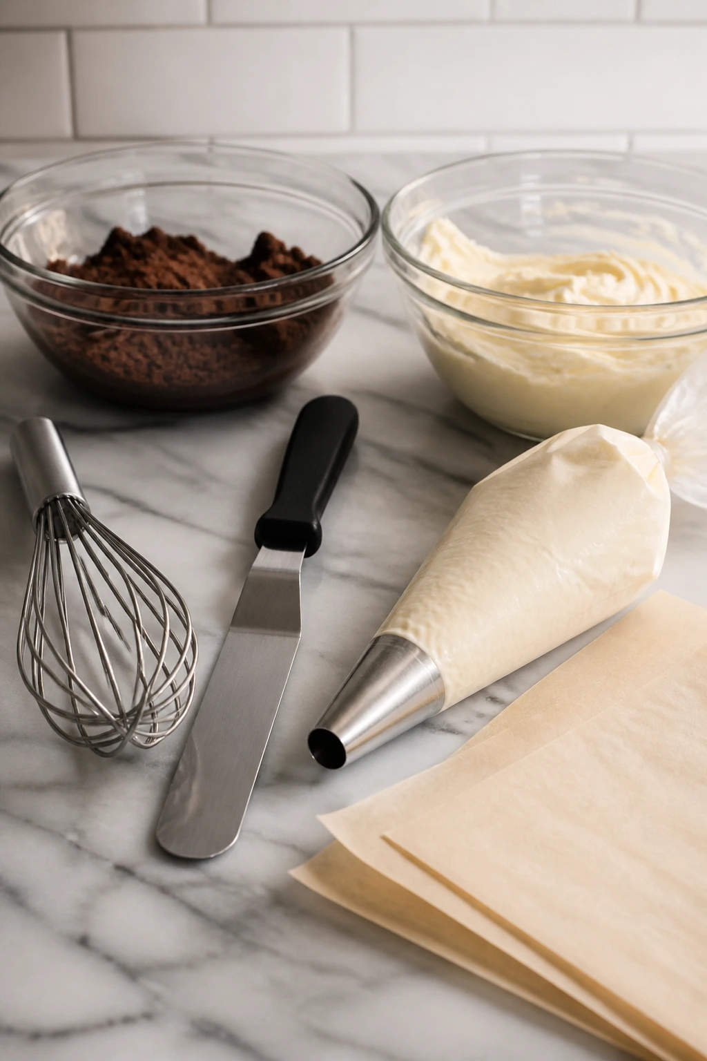 Close-up of essential baking tools used for assembling Halloween dessert cups