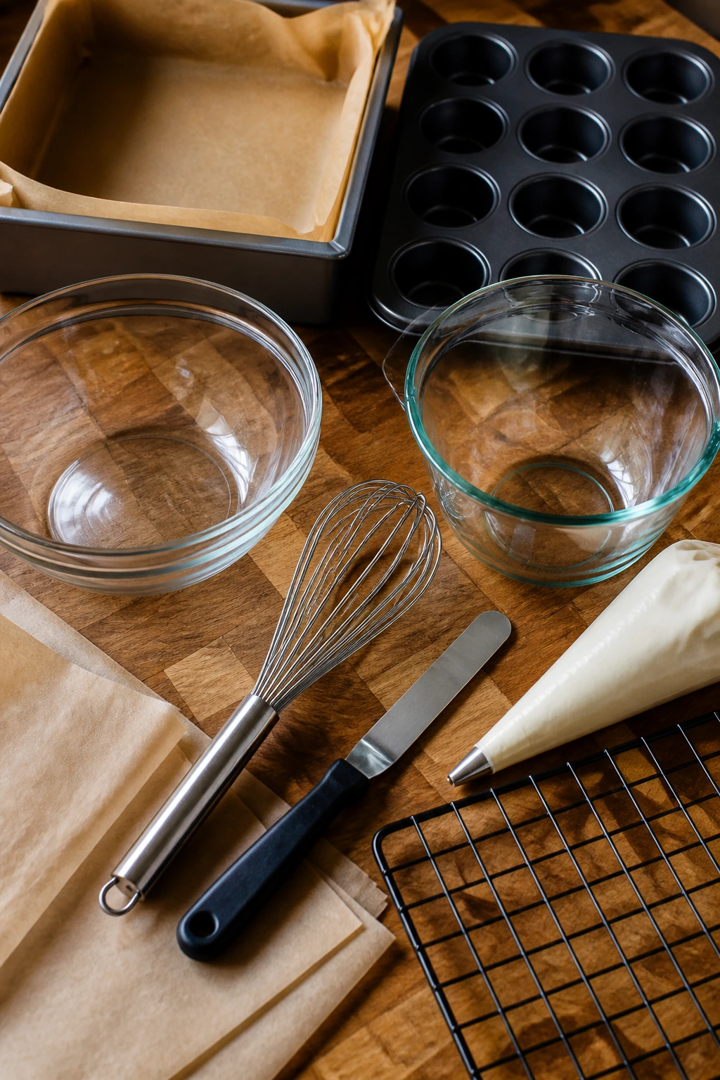 Top-down still-life of essential brownie baking equipment