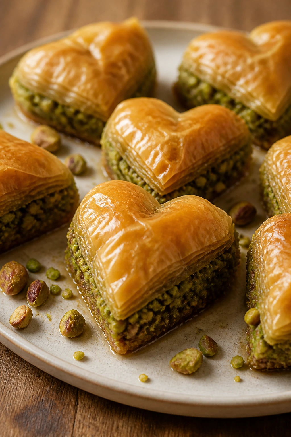 Heart-shaped pistachio baklava on a platter