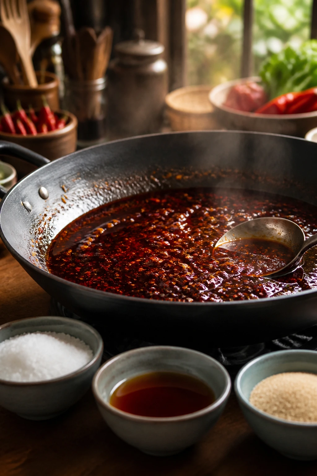 Sauce in pan with salt, vinegar, sugar bowls around it, kitchen background
