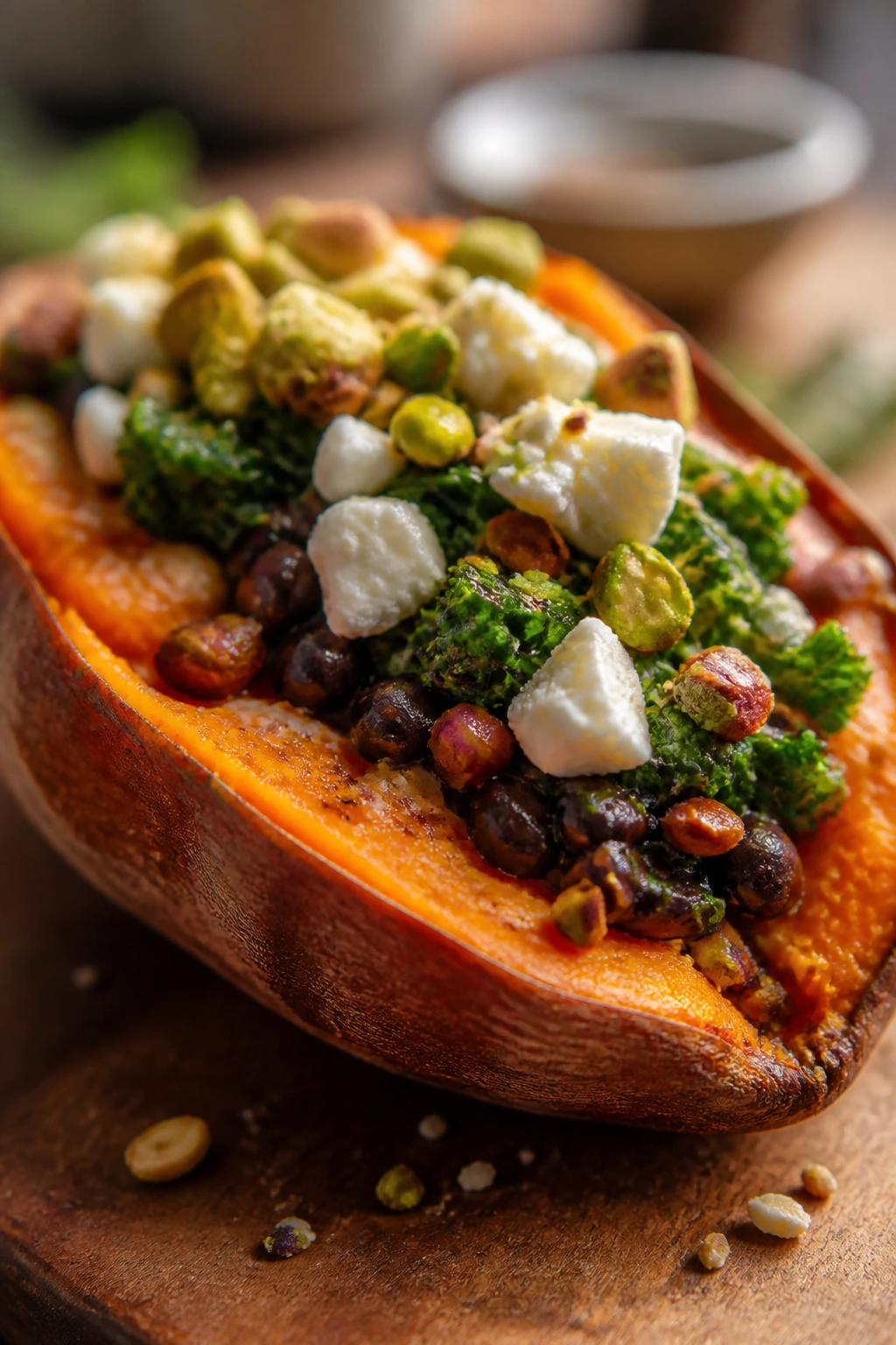 Close-up of a stuffed potato half with balanced toppings illustrating the concept of balance.
