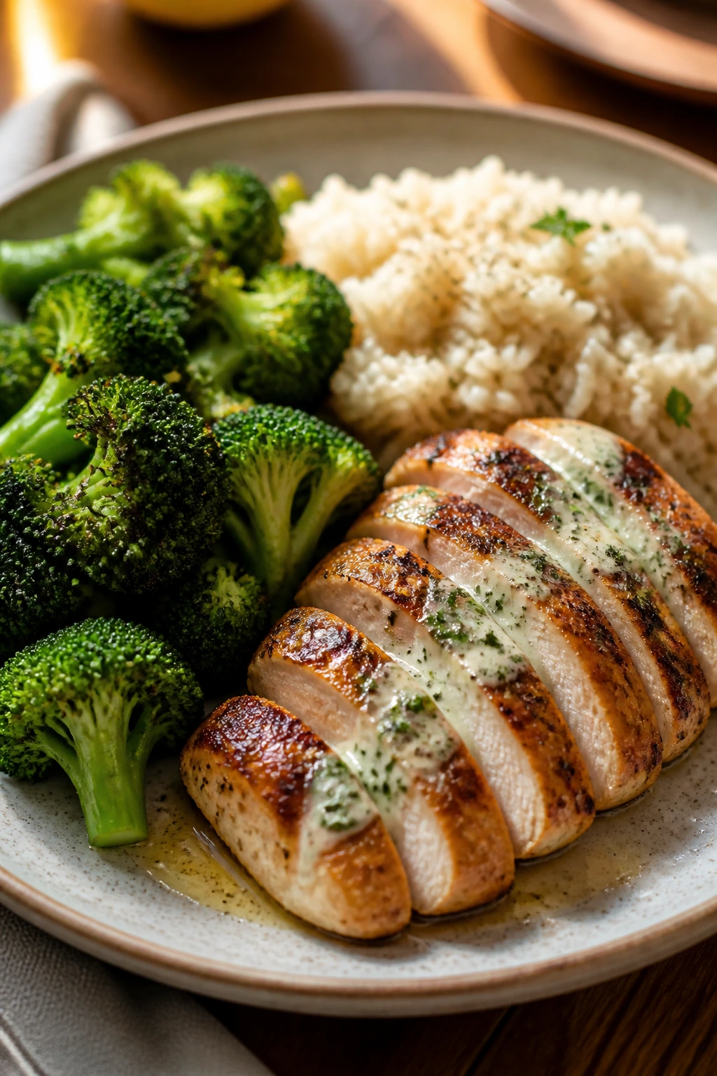 Close-up of a balanced dinner plate with protein, vegetables, and rice in a warm kitchen