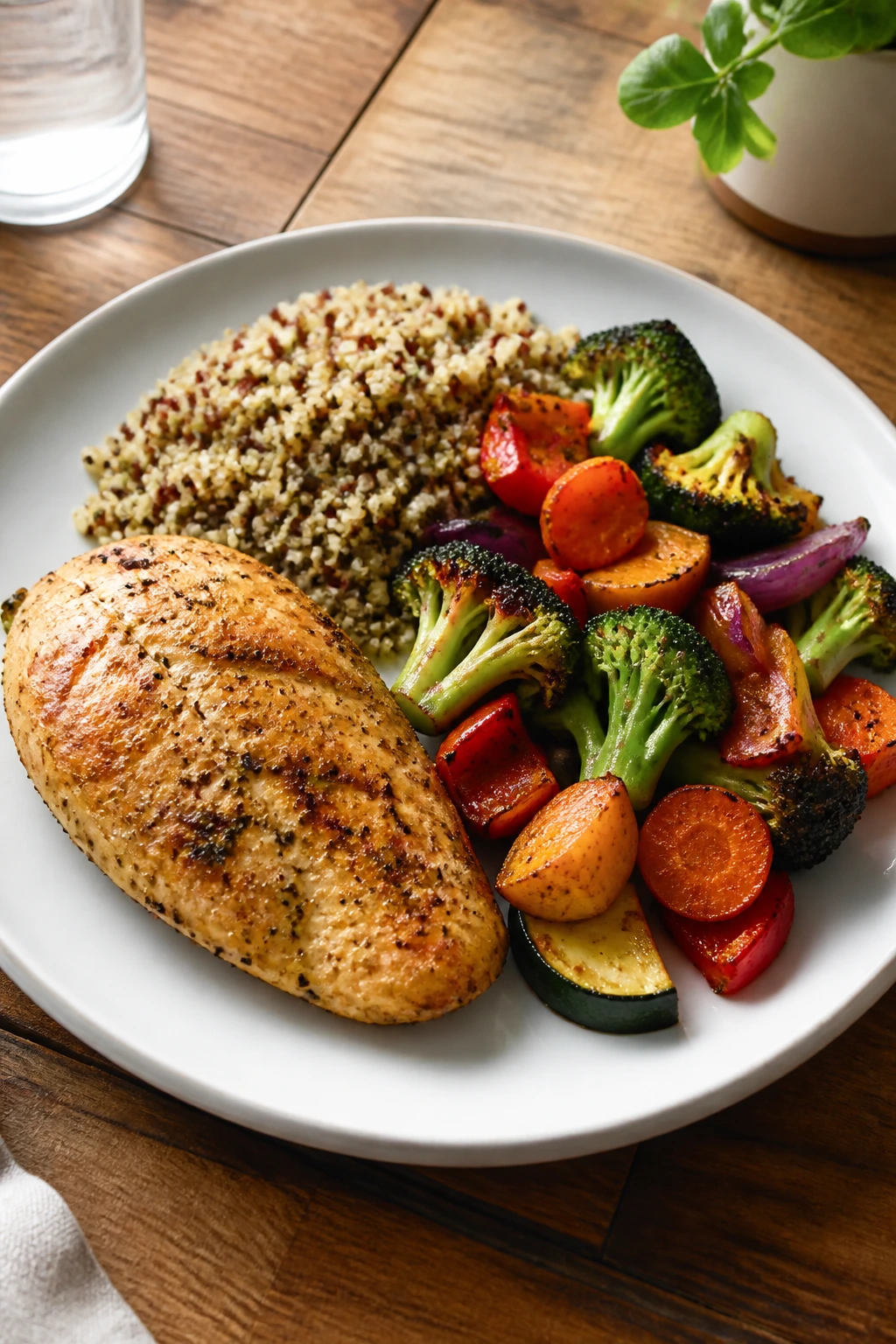 Balanced dinner plate with protein, vegetables, and starch on a wooden table.