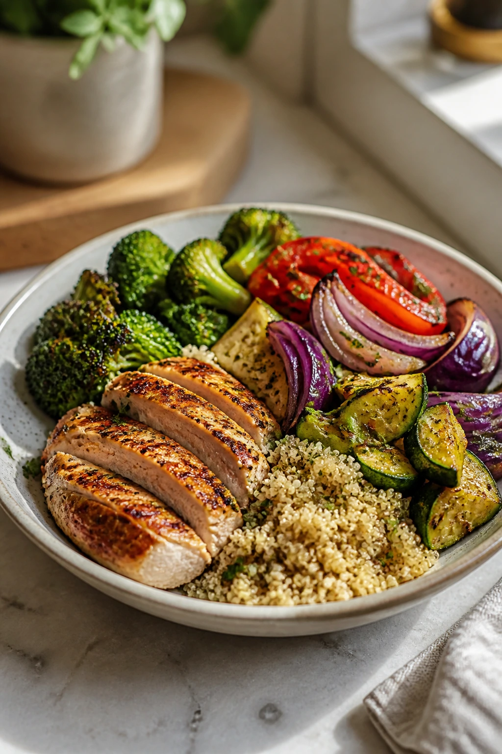 Close-up plate with protein-forward meal: chicken, quinoa, broccoli on a kitchen counter