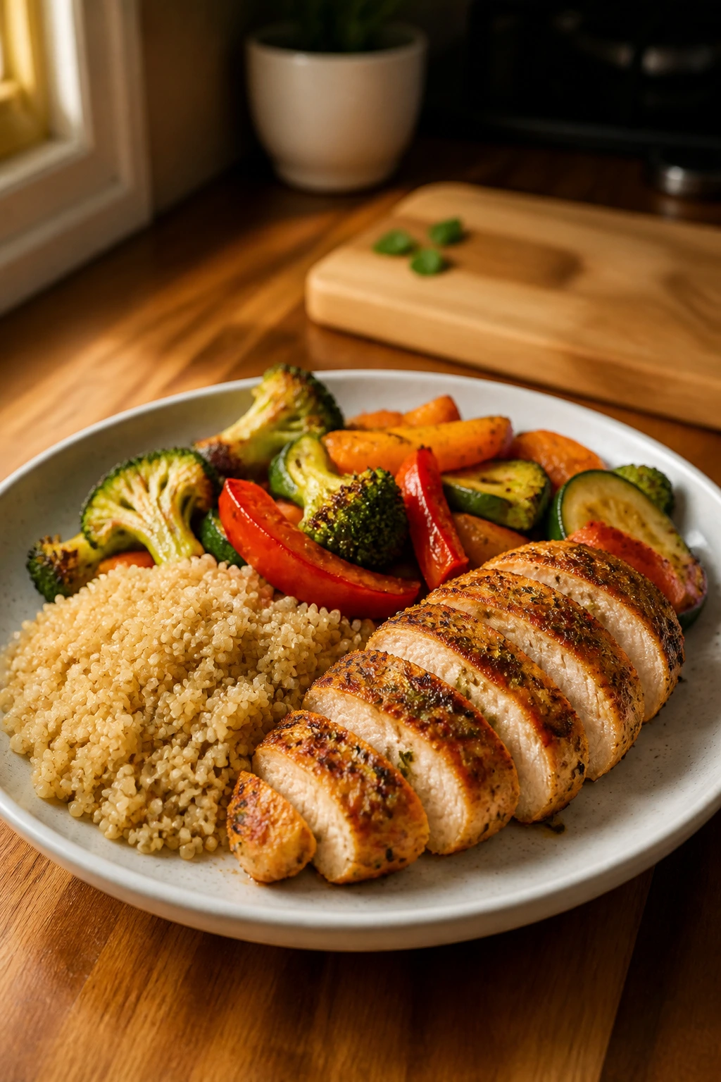Close-up plate showing a balanced quick weeknight dinner with protein, vegetables, and starch in a warm kitchen setting.