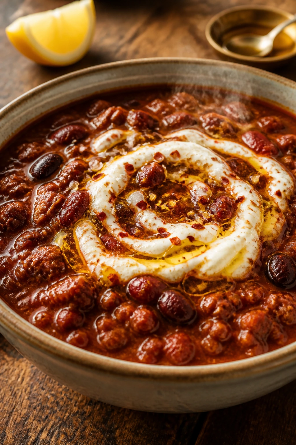 Close-up of a steaming chili bowl with sour cream, olive oil, and salt on a rustic counter