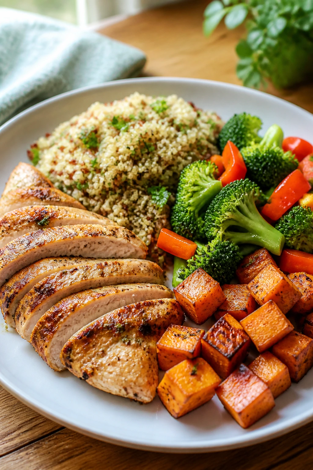 Colorful plate showing balanced portions of protein, vegetables, and grains
