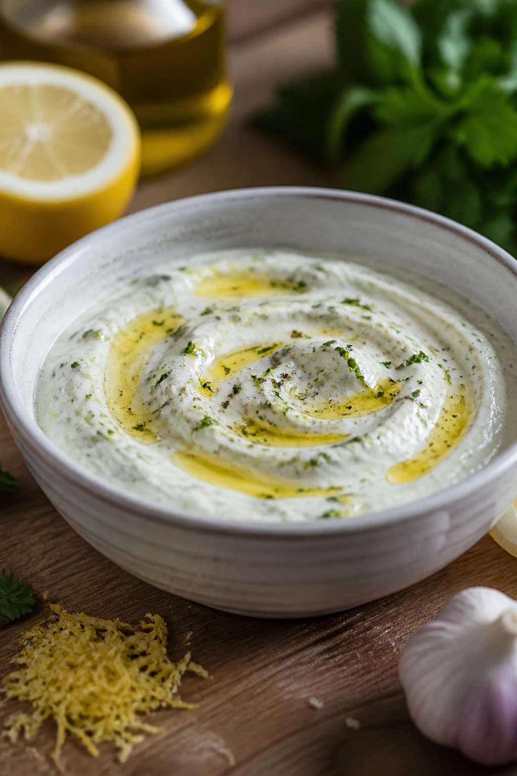 Close-up of a glossy yogurt-lemon dressing in a bowl on a kitchen counter