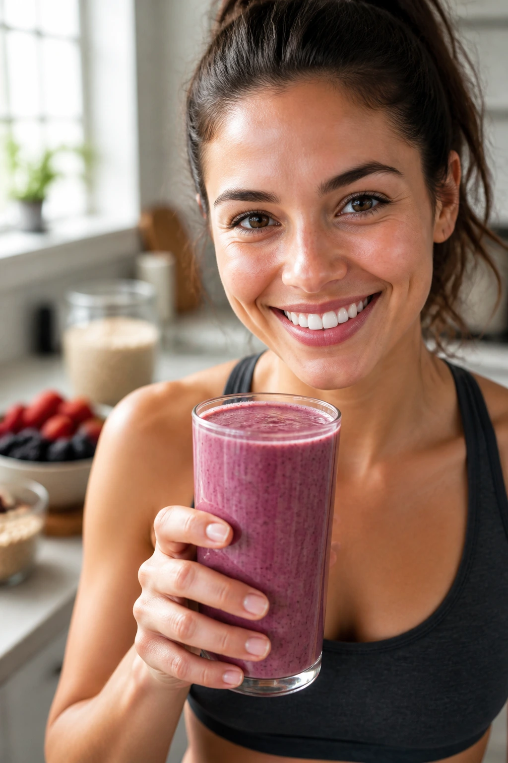 Portrait of a real person with a balanced, creamy smoothie in a glass in a sunlit kitchen