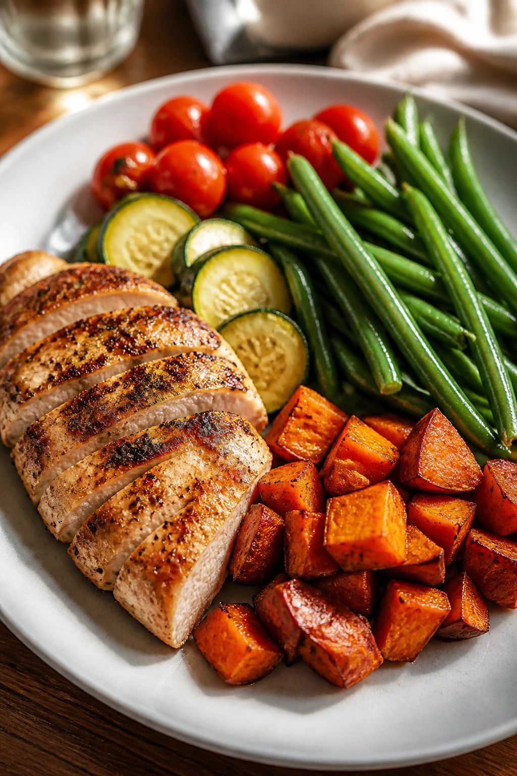 Close-up of a balanced, appetizing plate under 500 calories