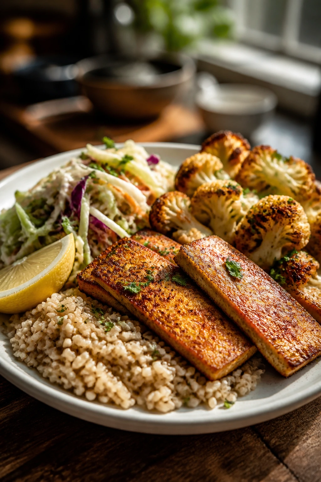 Close-up of a balanced plate with brown rice, crispy tofu, slaw, and roasted cauliflower