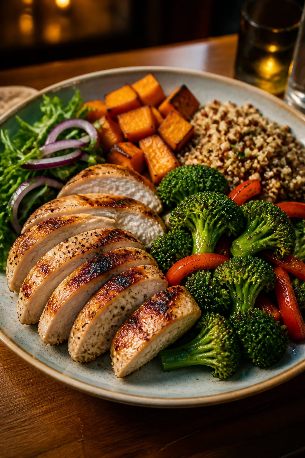 Close-up of a balanced dinner plate in a cozy home setting