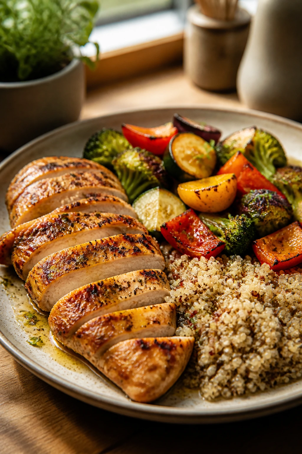 Close-up plate with protein, fiber, and fats in a warm kitchen