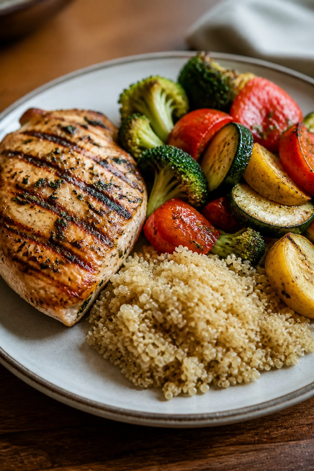 Close-up of a well-balanced plate that feels like a normal dinner under 500 calories.