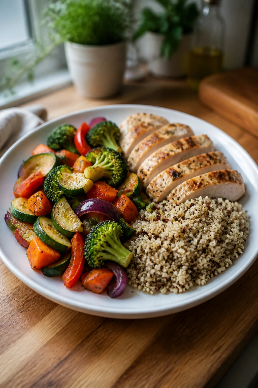 Balanced plate under 500 calories with vegetables, protein, and starch in a kitchen