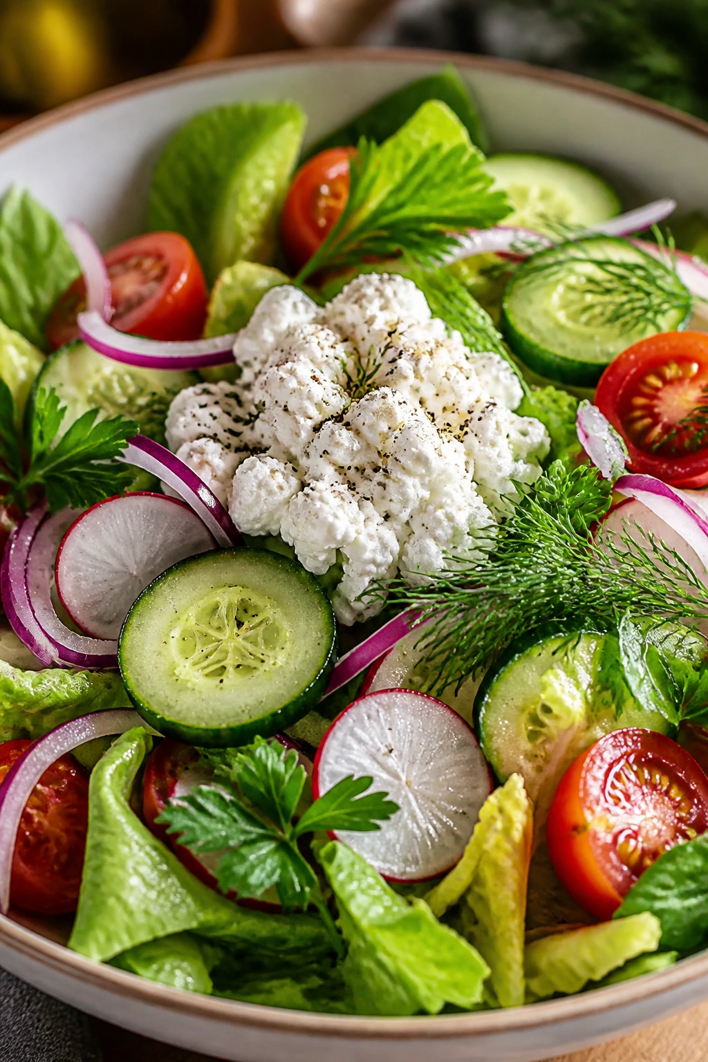 Finished cottage cheese salad bowl with greens and vegetables arranged for balance