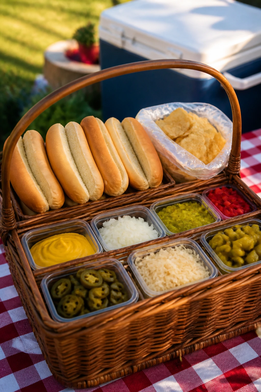 Close-up of a hot dog basket with toppings in a sunny backyard