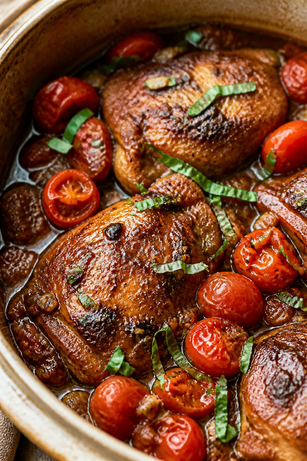 Close-up of braised balsamic chicken thighs with tomatoes in a rustic dish.