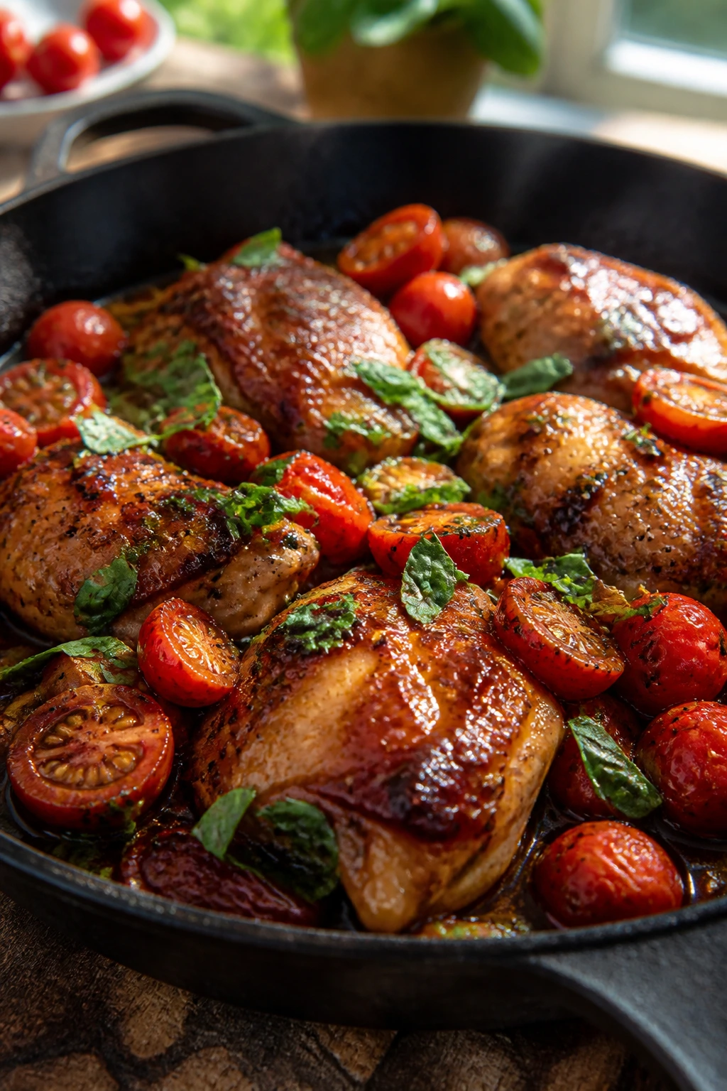 Close-up of balsamic-glazed chicken with cherry tomatoes in a skillet
