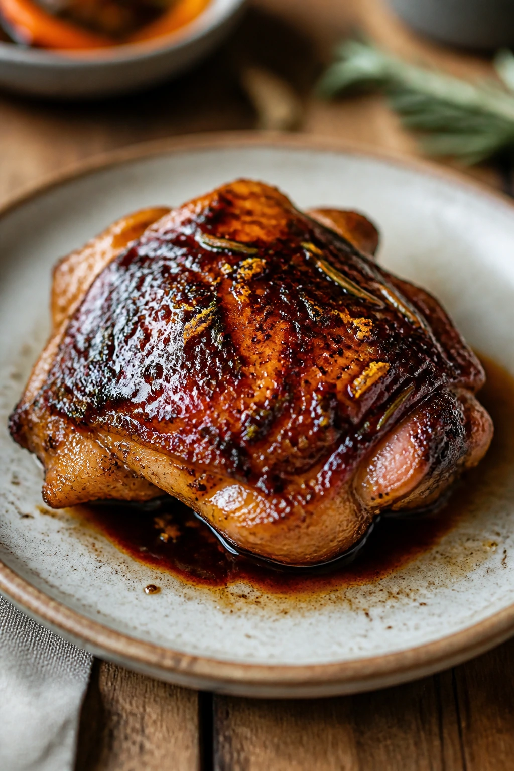Close-up of balsamic-glazed chicken thigh with a hint of orange zest.