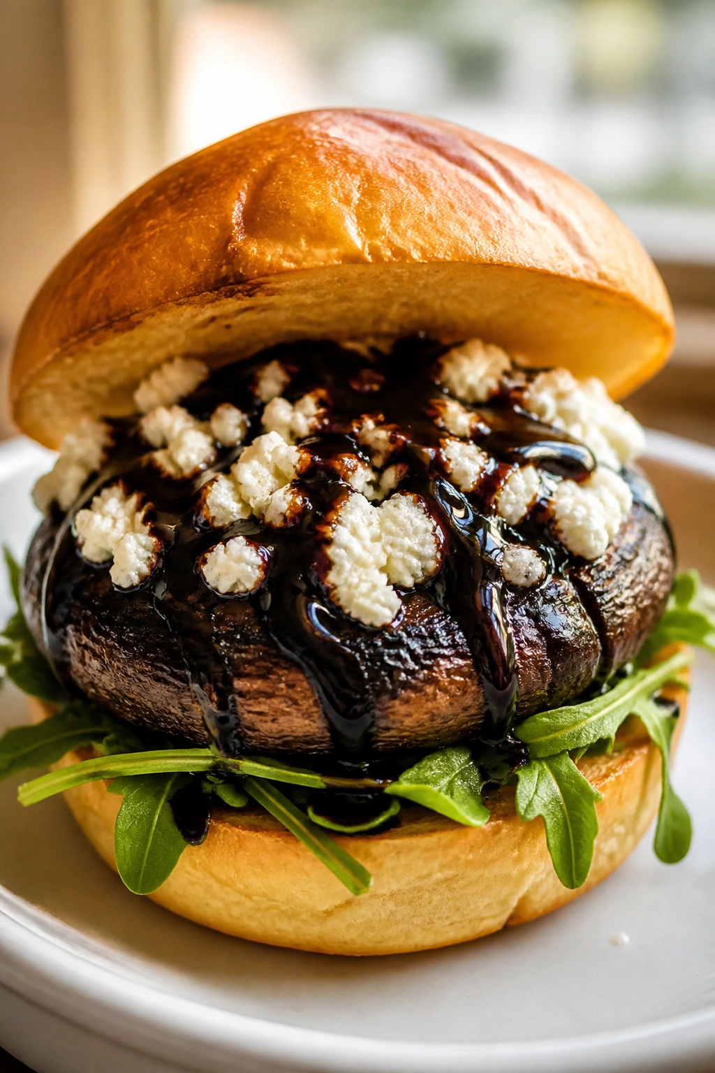 Close-up of Balsamic Goat Cheese Portobello Burger with arugula