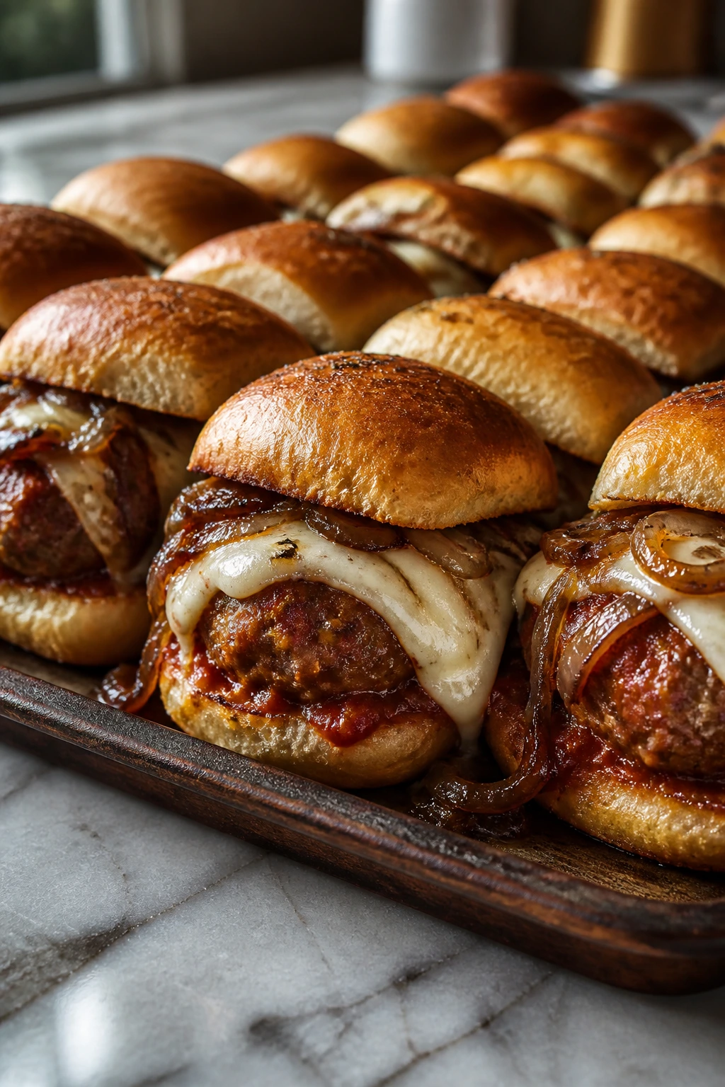 Close-up of balsamic onion and provolone sliders on a wooden tray
