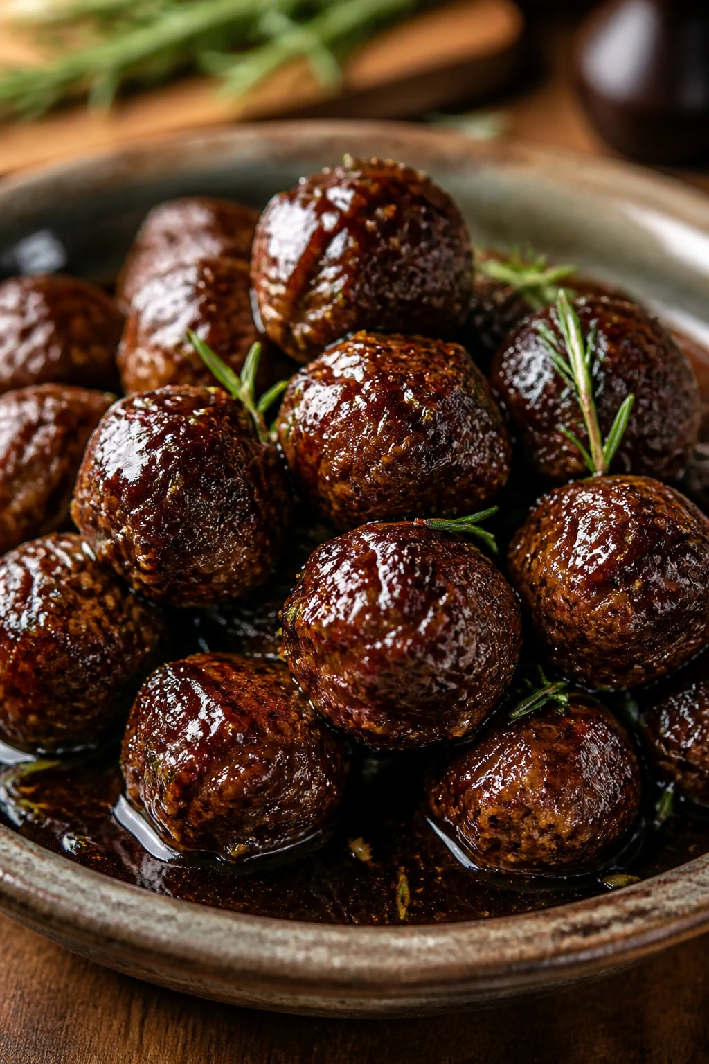 Close-up Balsamic Rosemary Meatballs in glossy glaze