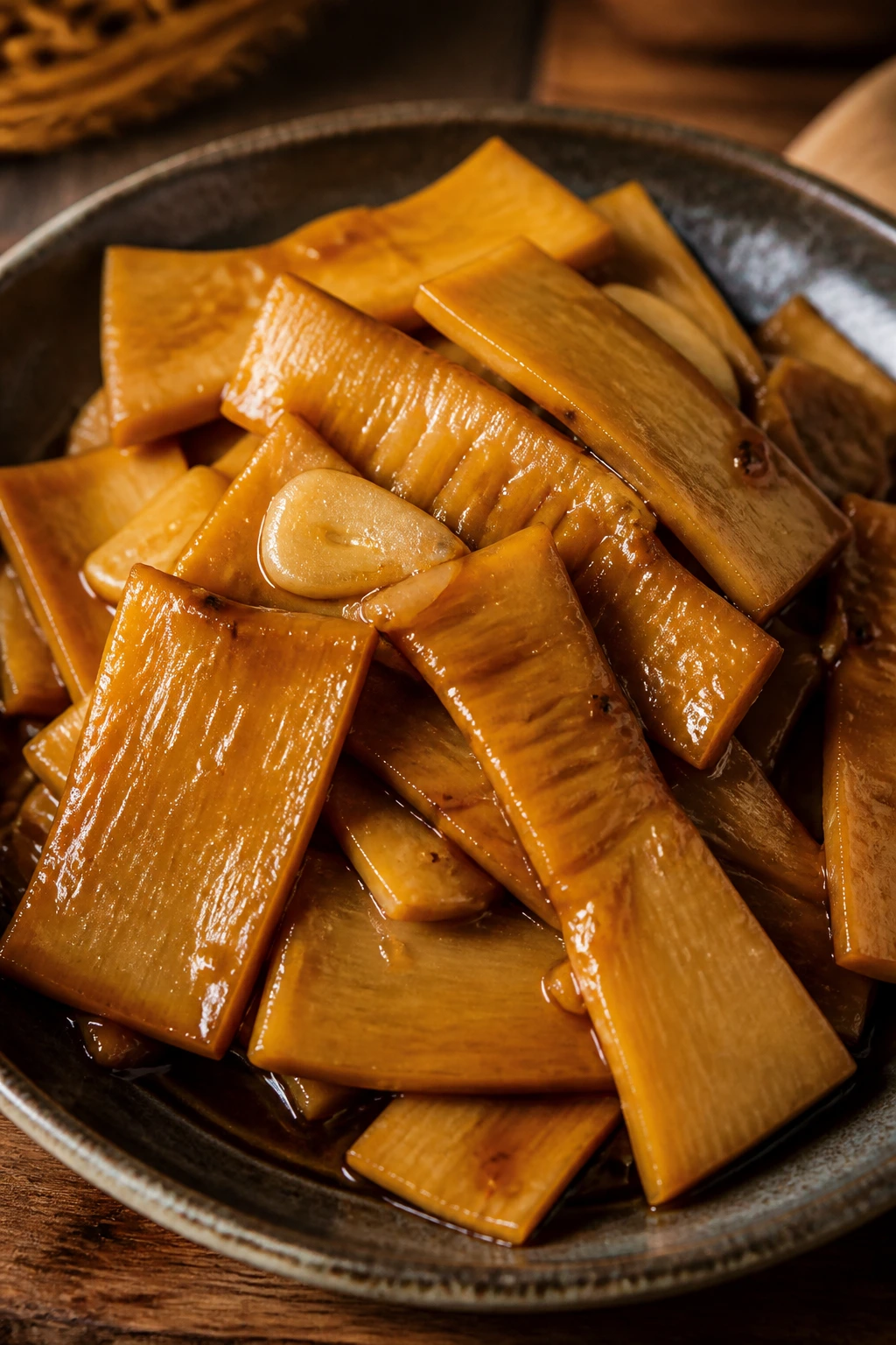Close-up of braised bamboo shoots in a rustic dish