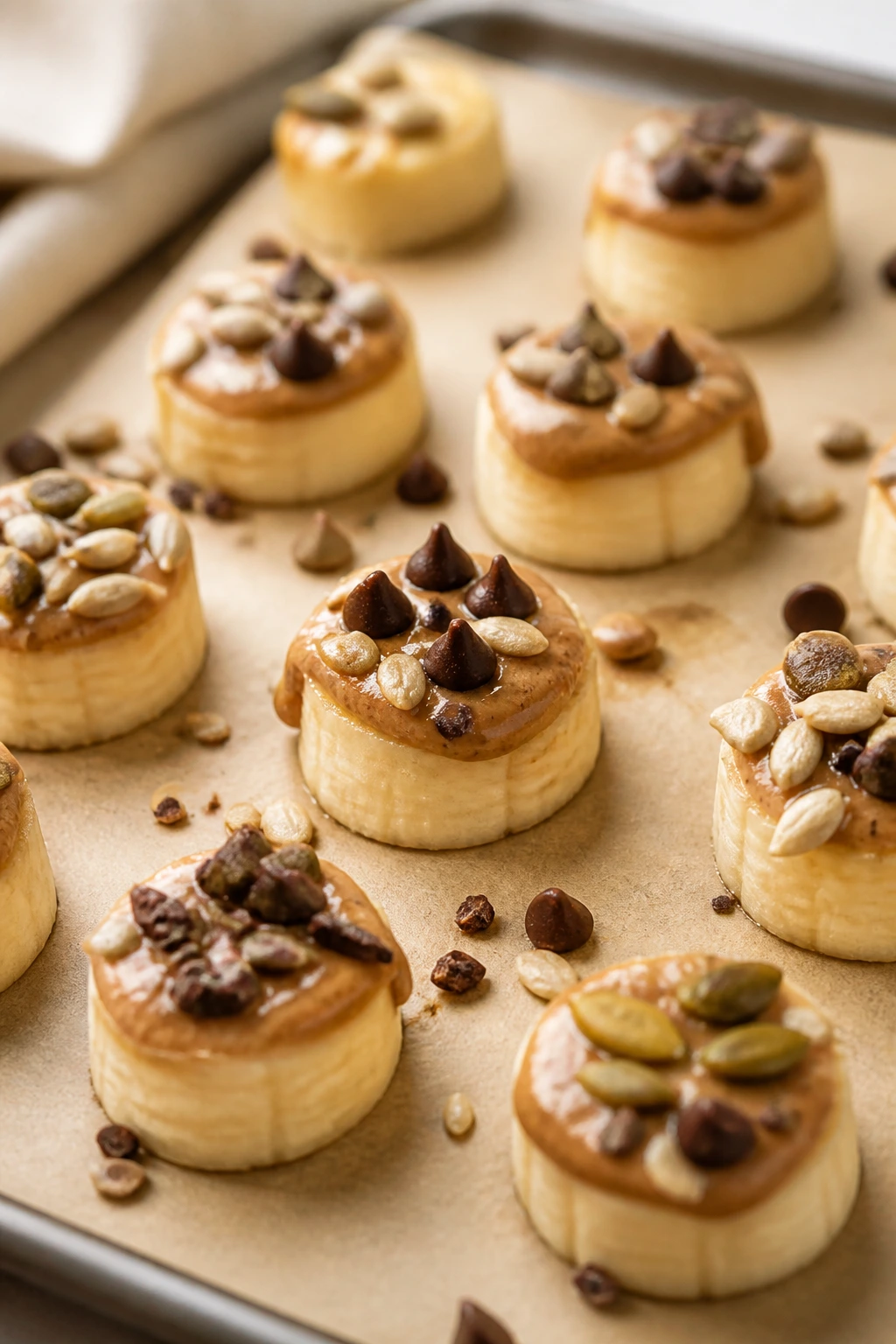Banana bites with sunflower butter on parchment tray in a warm kitchen