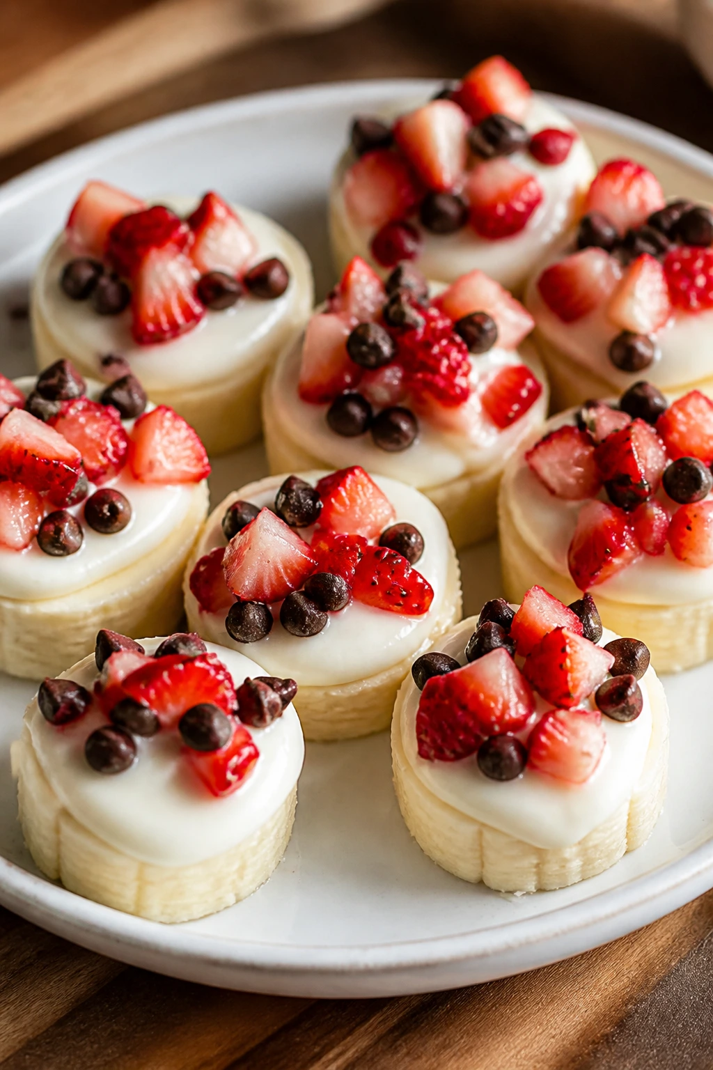 Close-up of banana split bites with yogurt and toppings on plate