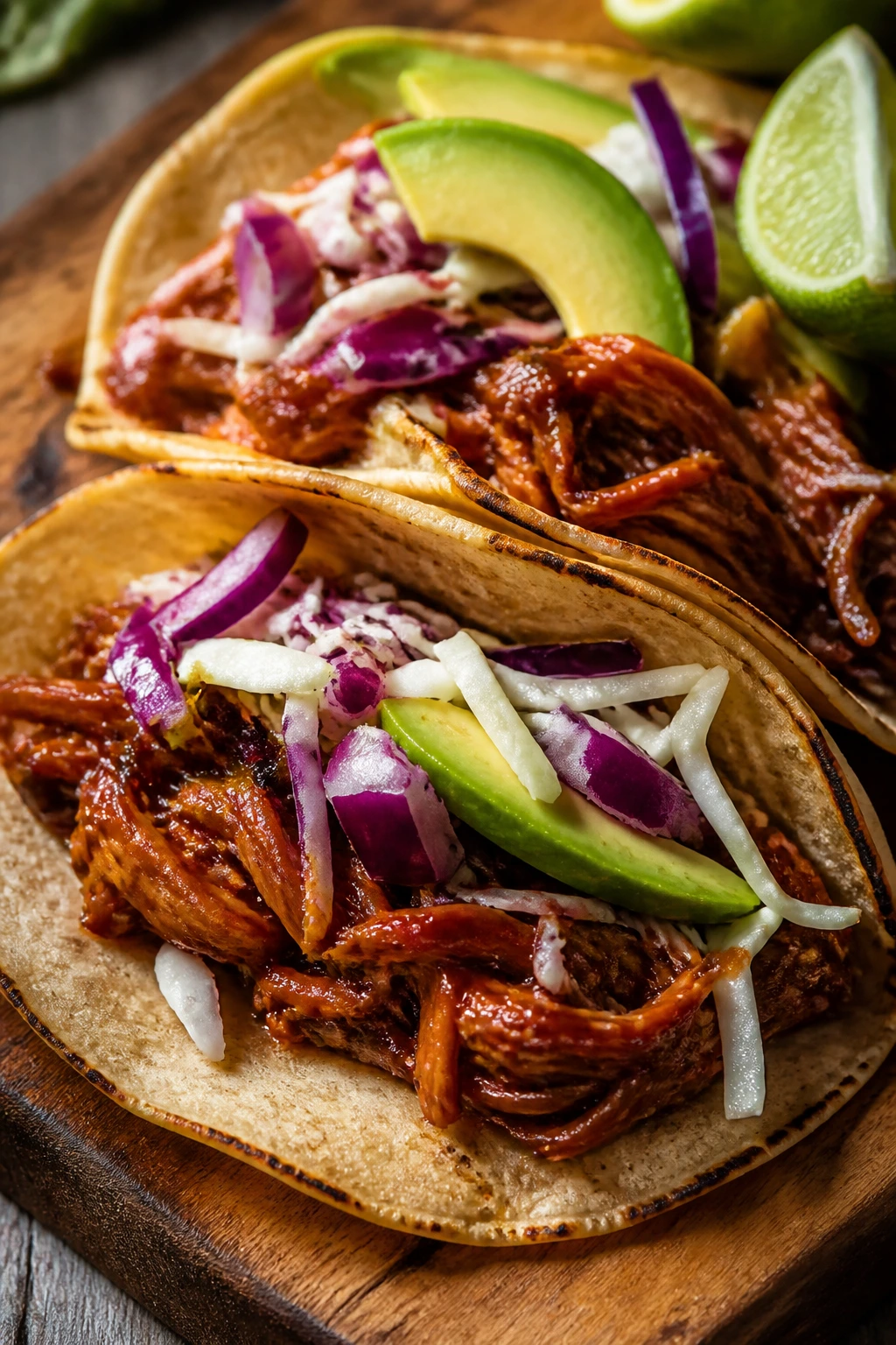Close-up of banana blossom tacos with cabbage, onion, avocado on a wooden board