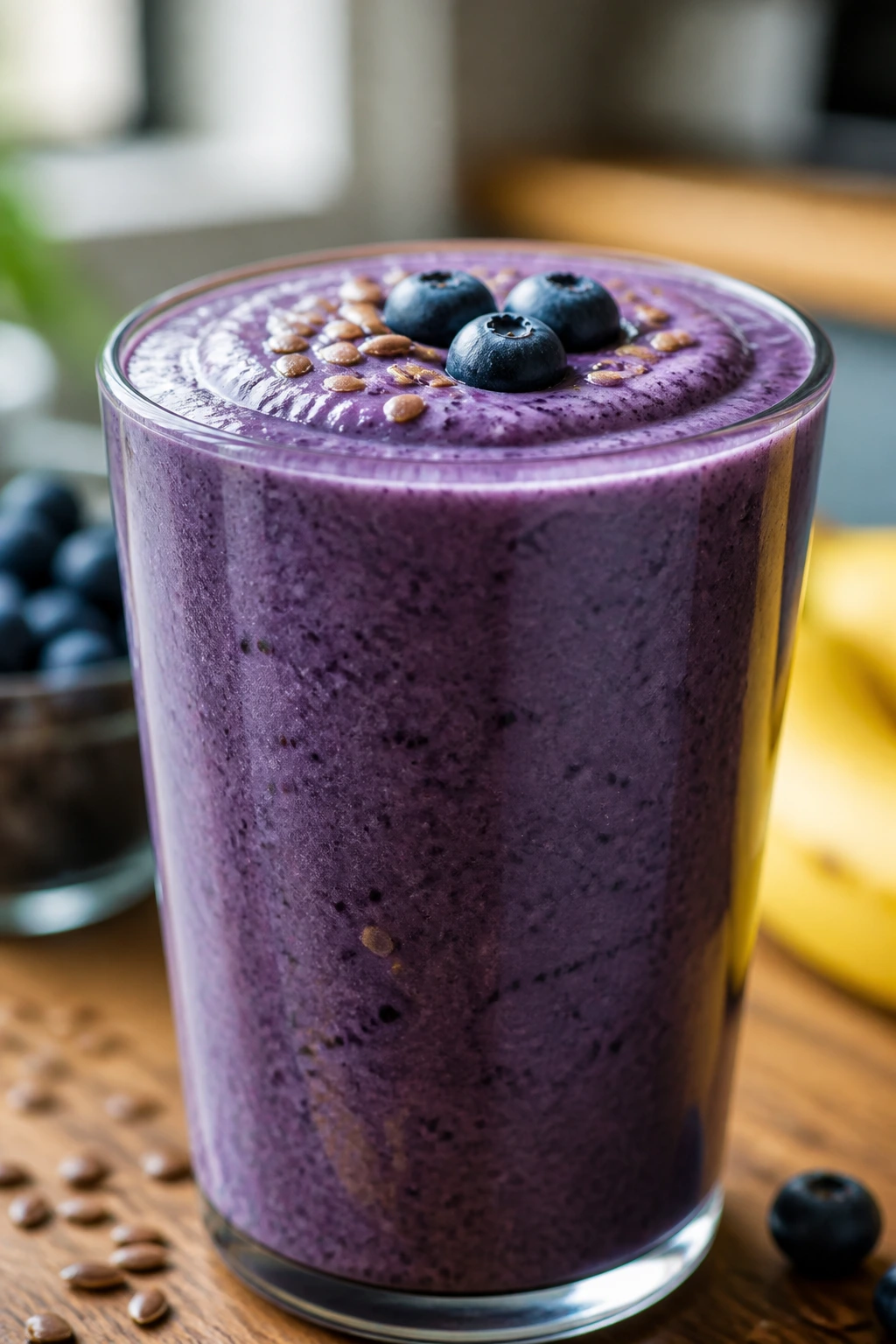 Close-up of Banana Blueberry Flax Smoothie in a glass on a kitchen counter