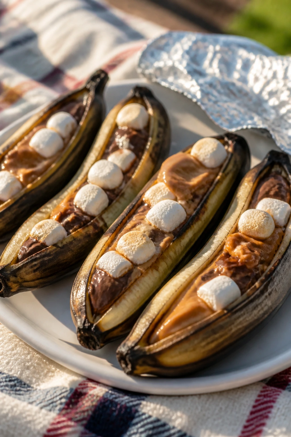 Banana boats filled with chocolate and peanut butter on a picnic blanket