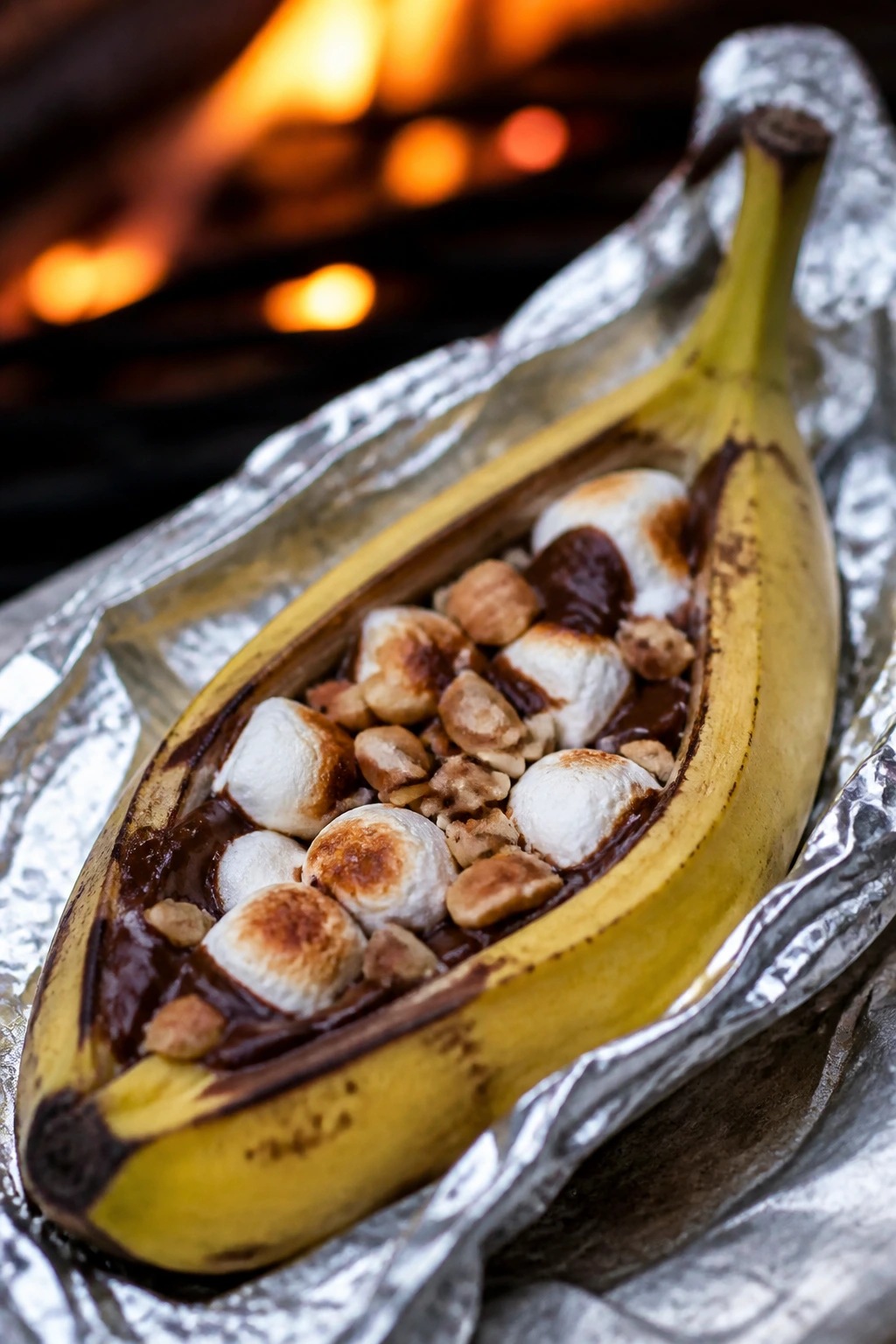 Close-up of a banana boat with melted chocolate and peanuts