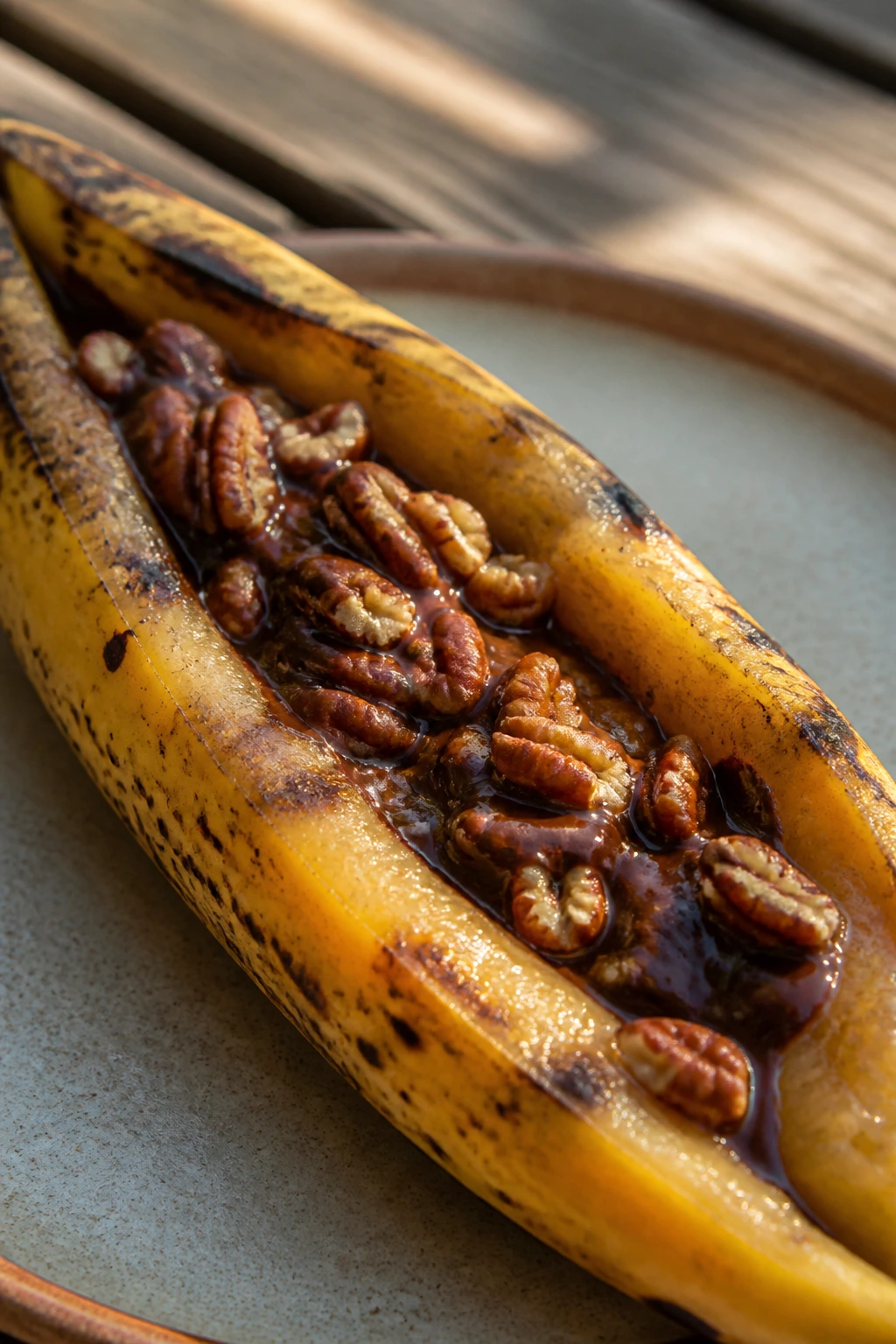 Banana boat with melted chocolate and pecans on plate outdoors