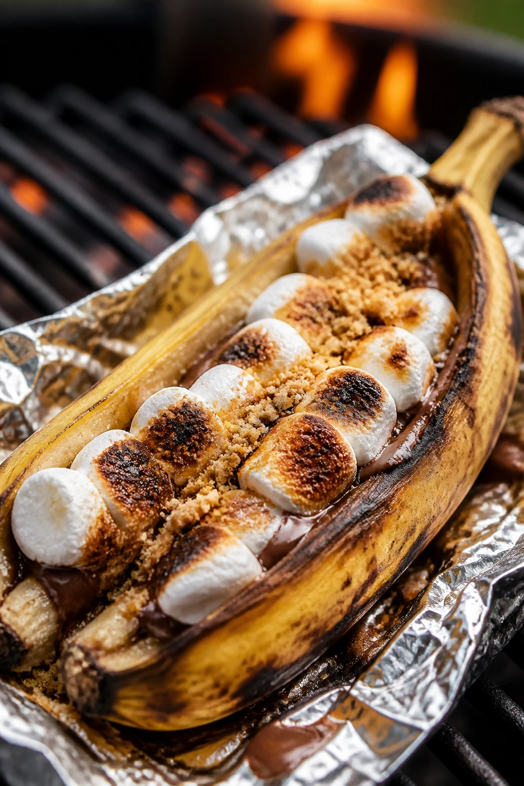 Close-up of a banana boat dessert with melted chocolate and marshmallows on a grill