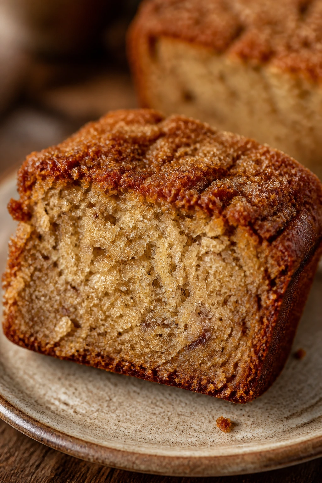 Thick banana bread slice with brown sugar crust on rustic plate