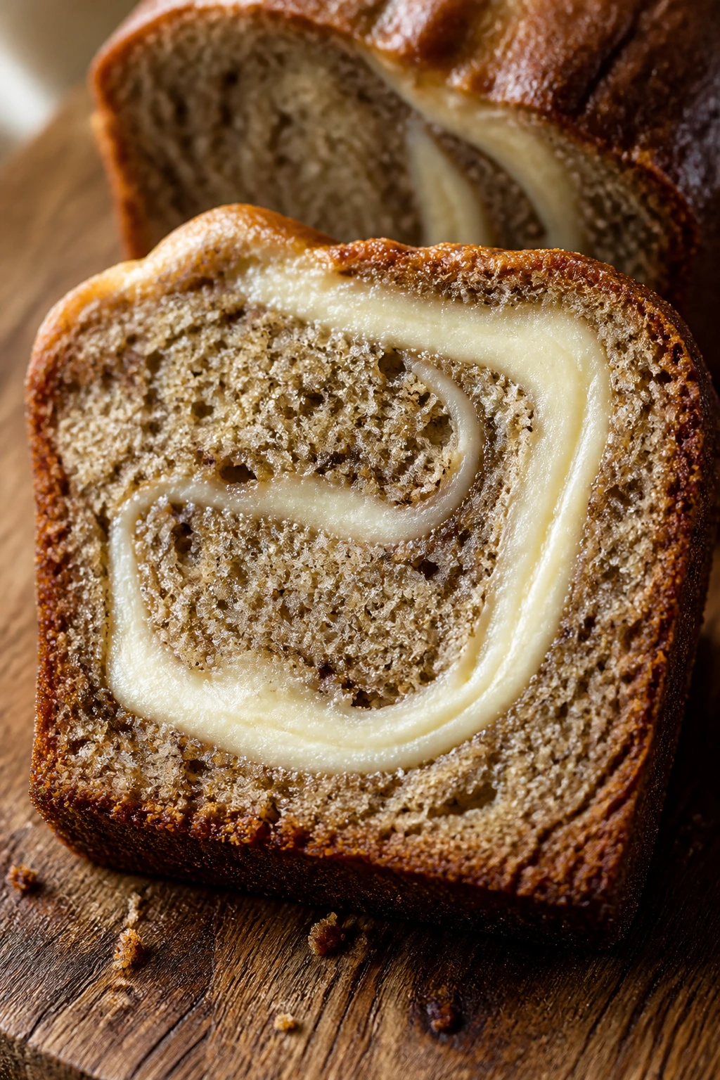 Banana bread slice with cream cheese swirl