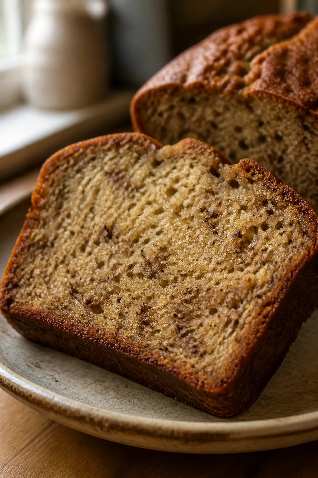 Moist banana bread slice with tender crumb and banana specks