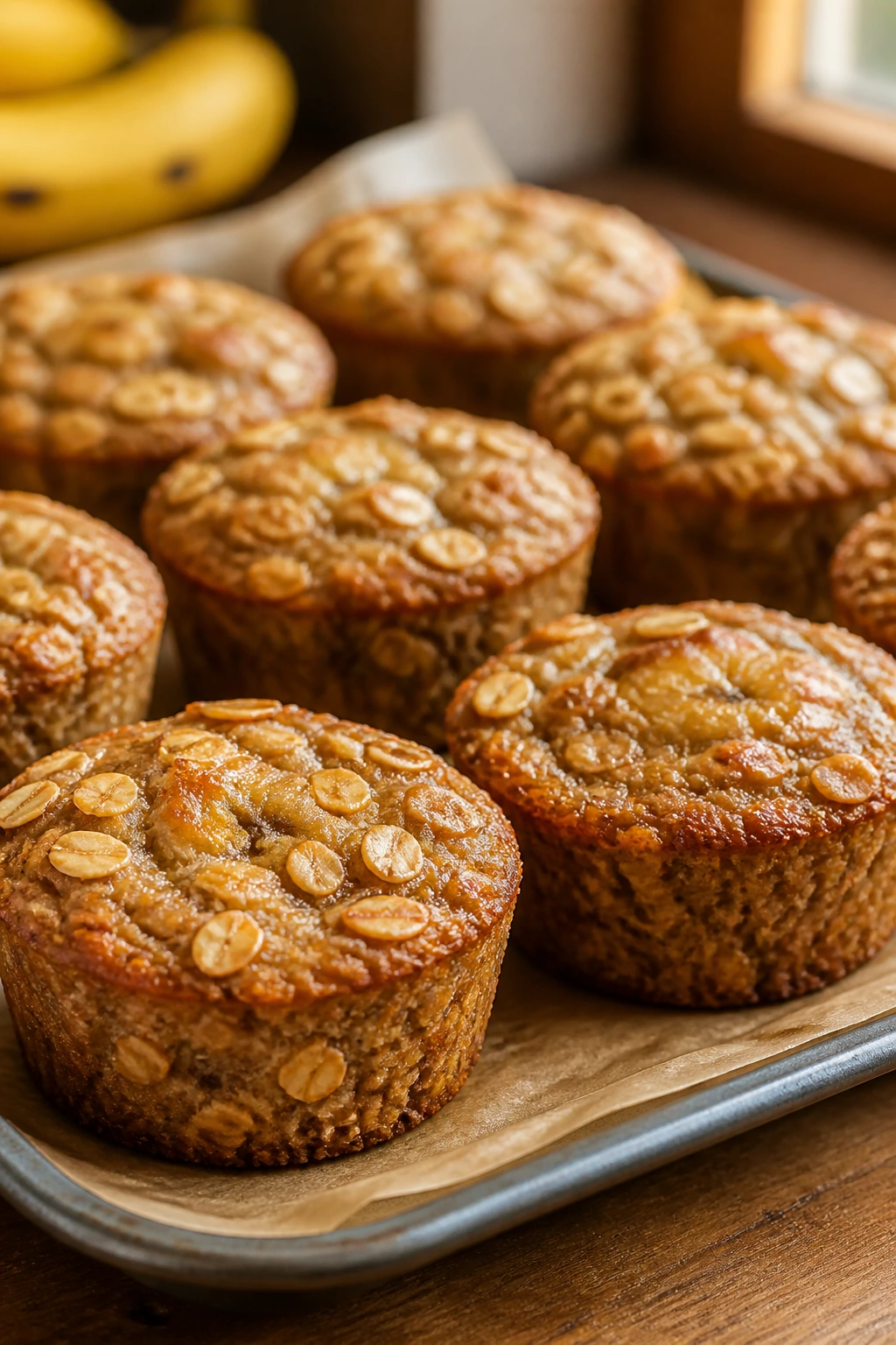 Banana bread oatmeal cups on a parchment-lined muffin tin