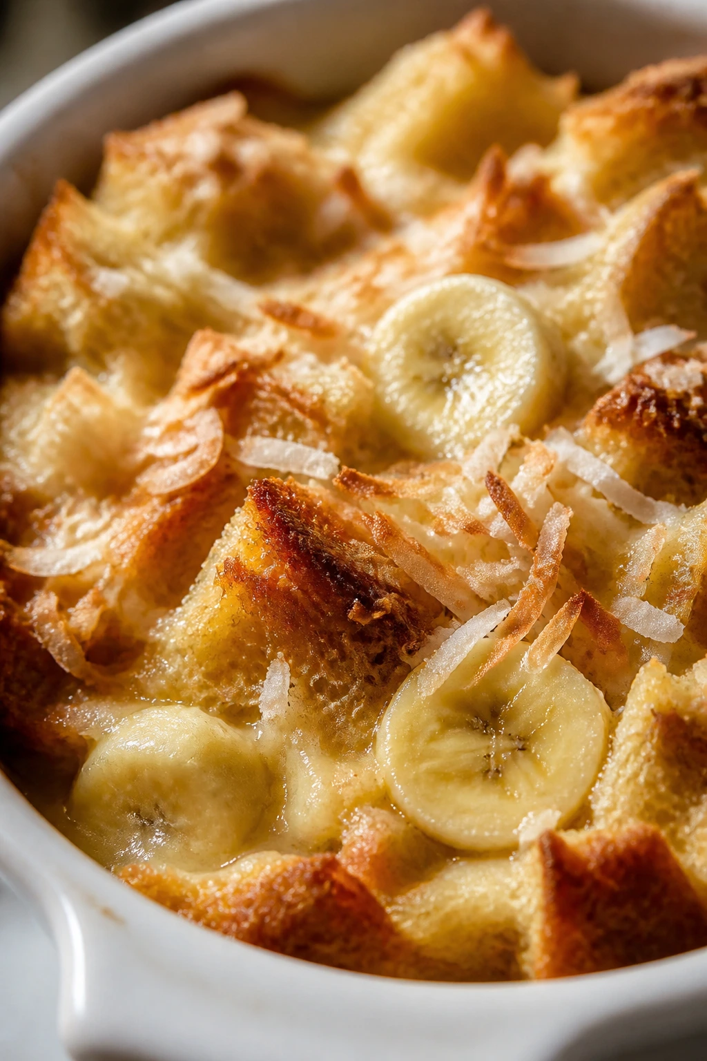 Coconut banana bread pudding in a ramekin