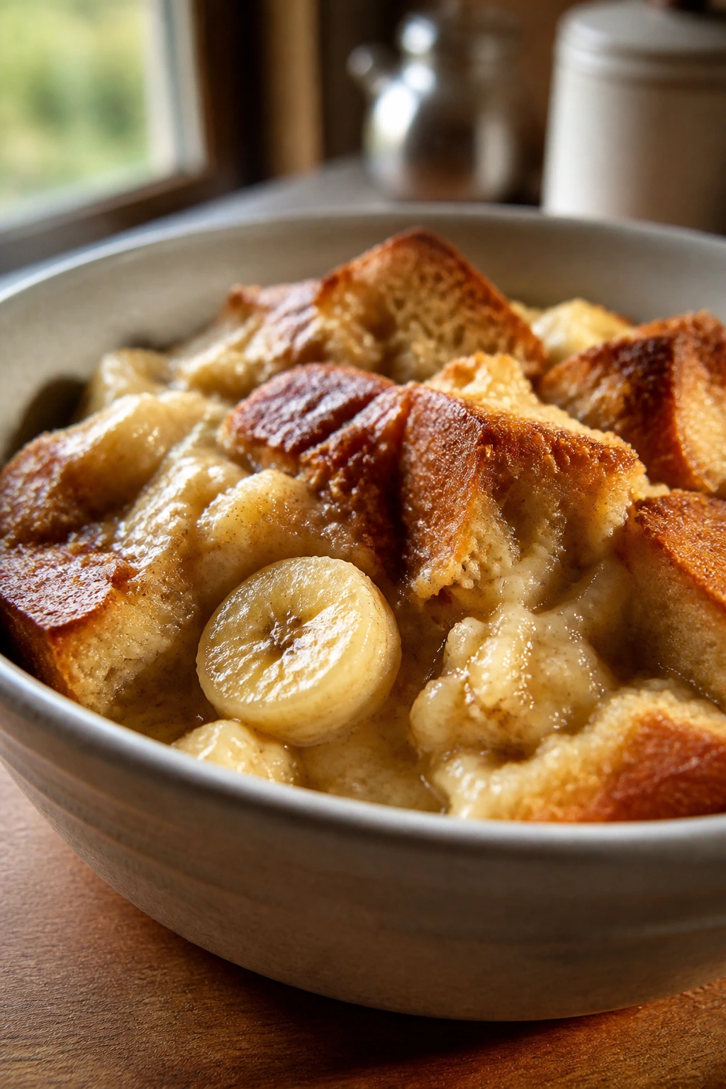Banana bread pudding in a bowl with browned top in a warm kitchen