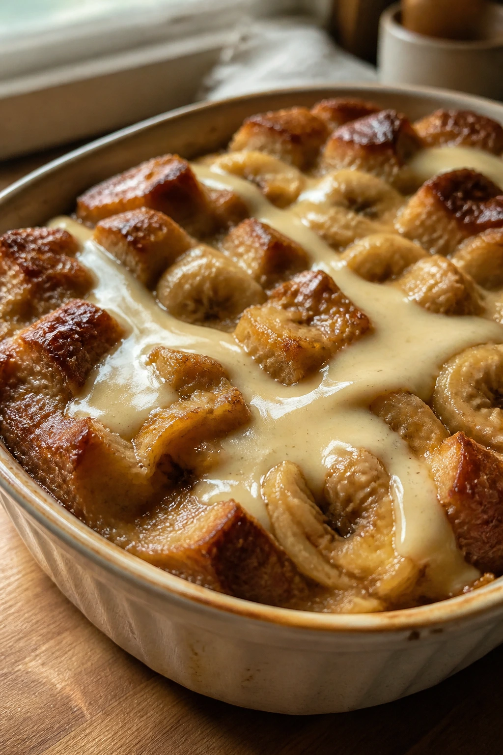 Banana bread pudding with vanilla custard topping in a baking dish